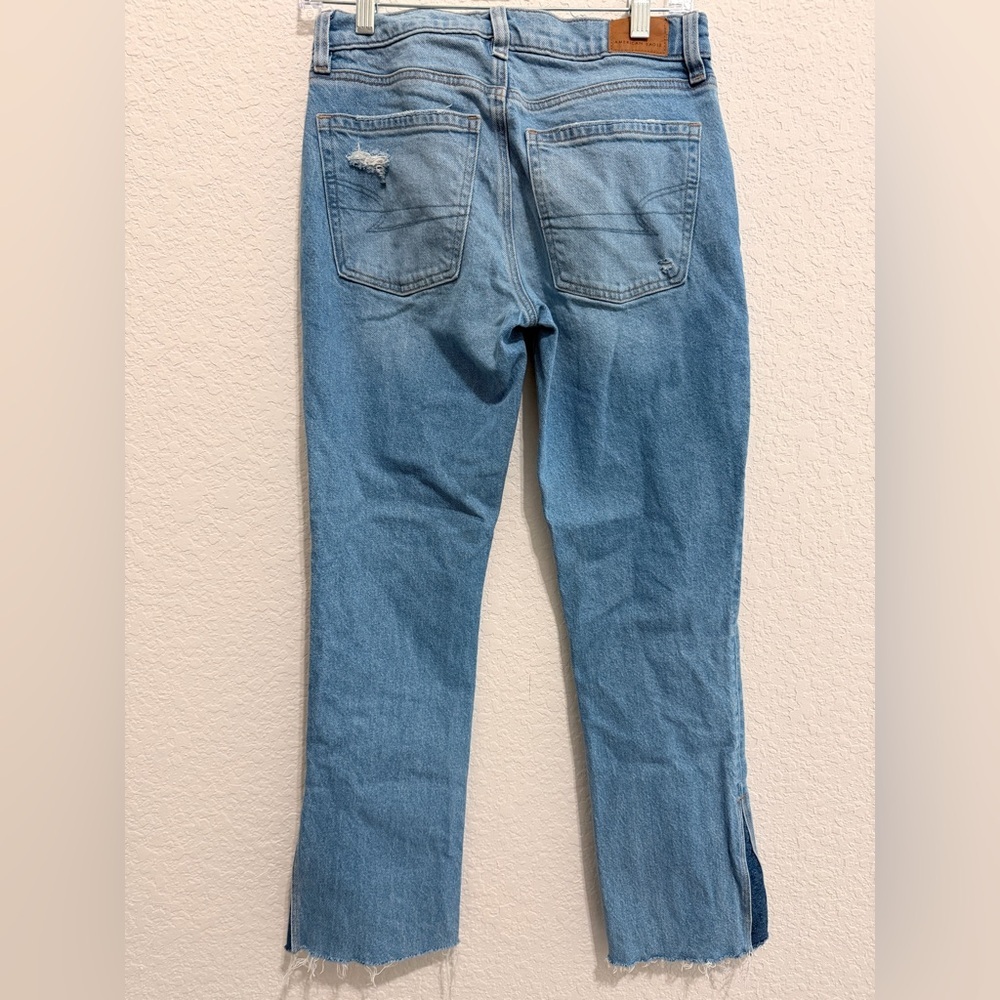 American Eagle Outfitters Light Blue Stretch Bootcut Jeans | Distressed Raw Hem - Picture 4 of 10